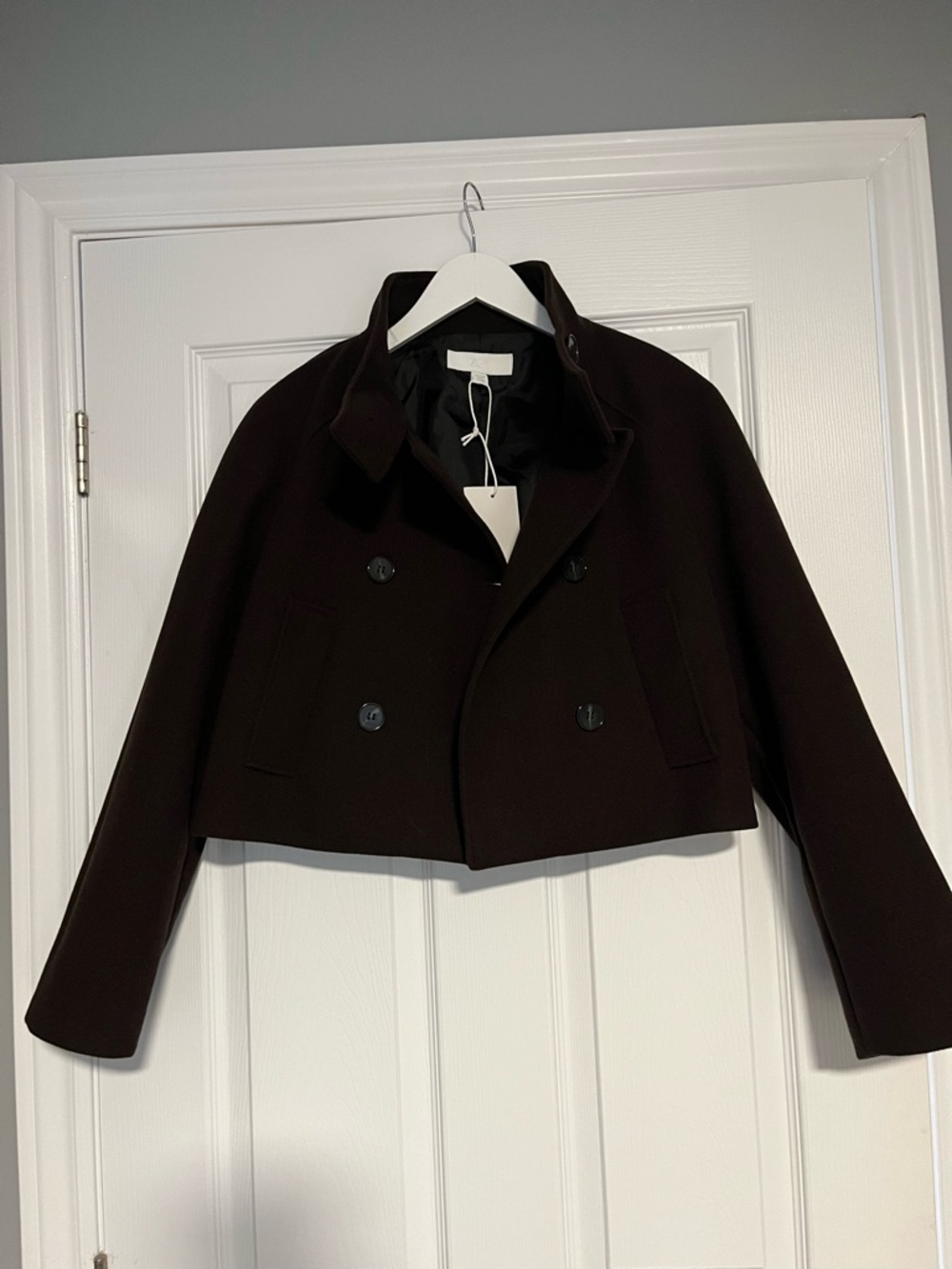 Zara Cropped Double-Breasted Pea Coat - Dark Brown